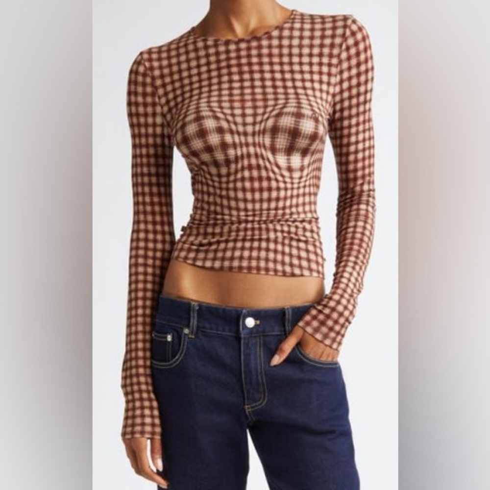 Miaou Warped Plaid Long Sleeve Top